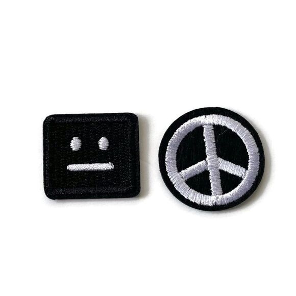 2 pc. Square Face & Peace Sign Small Embroidered Emblem Patch - Picture 1 of 3